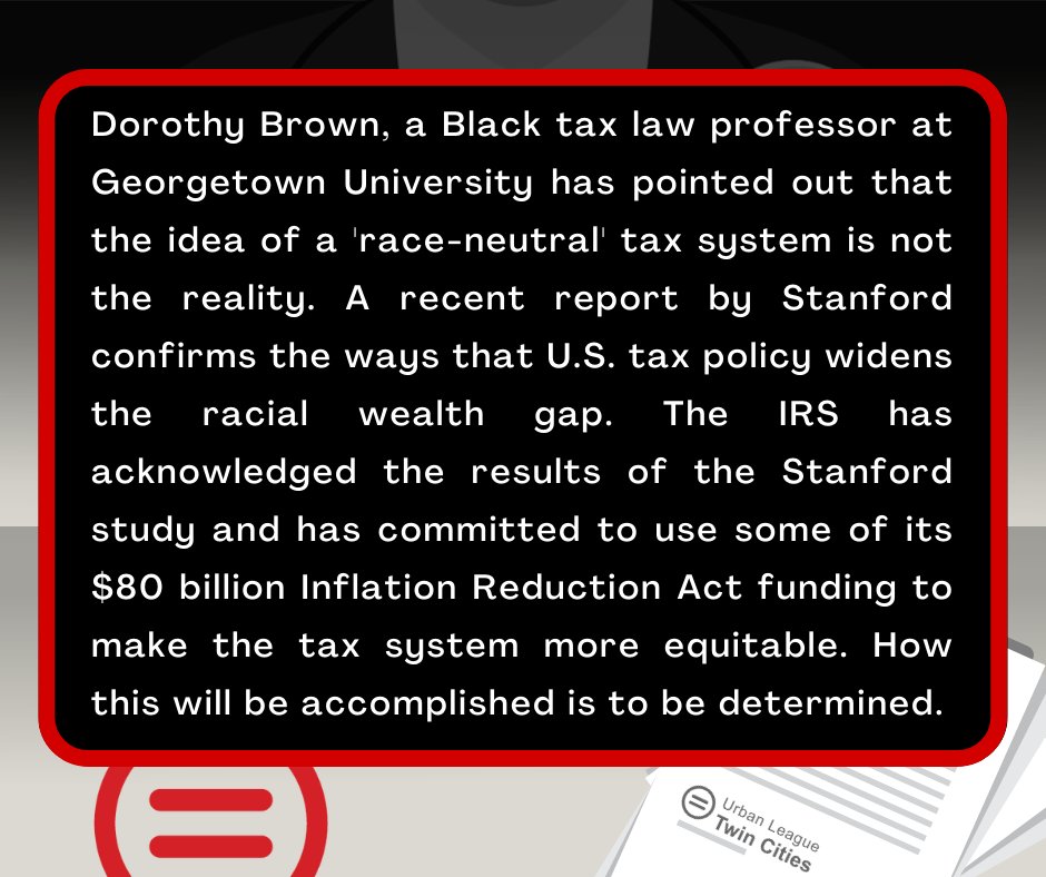 CSJatULTC's tweet image. #FridayFacts

This week, let&apos;s take a look at how US tax policy exacerbates the racial wealth gap and how the IRS fits in.

Insights by @CSJatULTC. Data by @Stanford.

#ULTC #UrbanLeagueTwinCities #IRS #Taxes #Audit #WealthGap @IRSNews @DorothyABrown