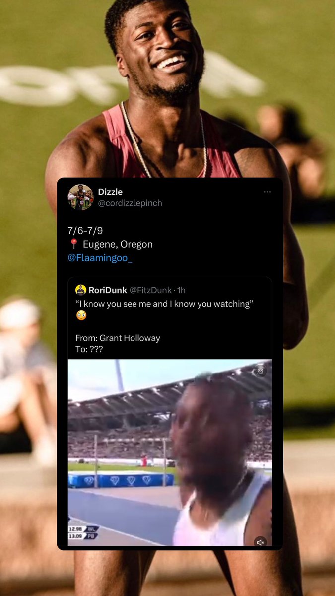 FitzDunk's tweet photo. The D2 110mh record holder Cordell Tinch bookmarks the US Trials dates after Grant’s “I know you see me and I know you watching” comment in Paris

The high hurdles at the US trials will be a MUST-SEE 🔥 https://t.co/WL7oK4LFMo