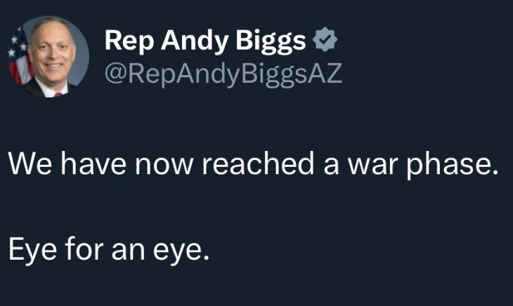 While GOP Rep. Andy Biggs is calling for 'war' and an 'eye for an eye,' after the Trump indictment, I want to conduct a brief thought experiment:

Imagine if Hillary Clinton was indicted because she refused to give back Top Secret documents; documents related to US Nuclear…