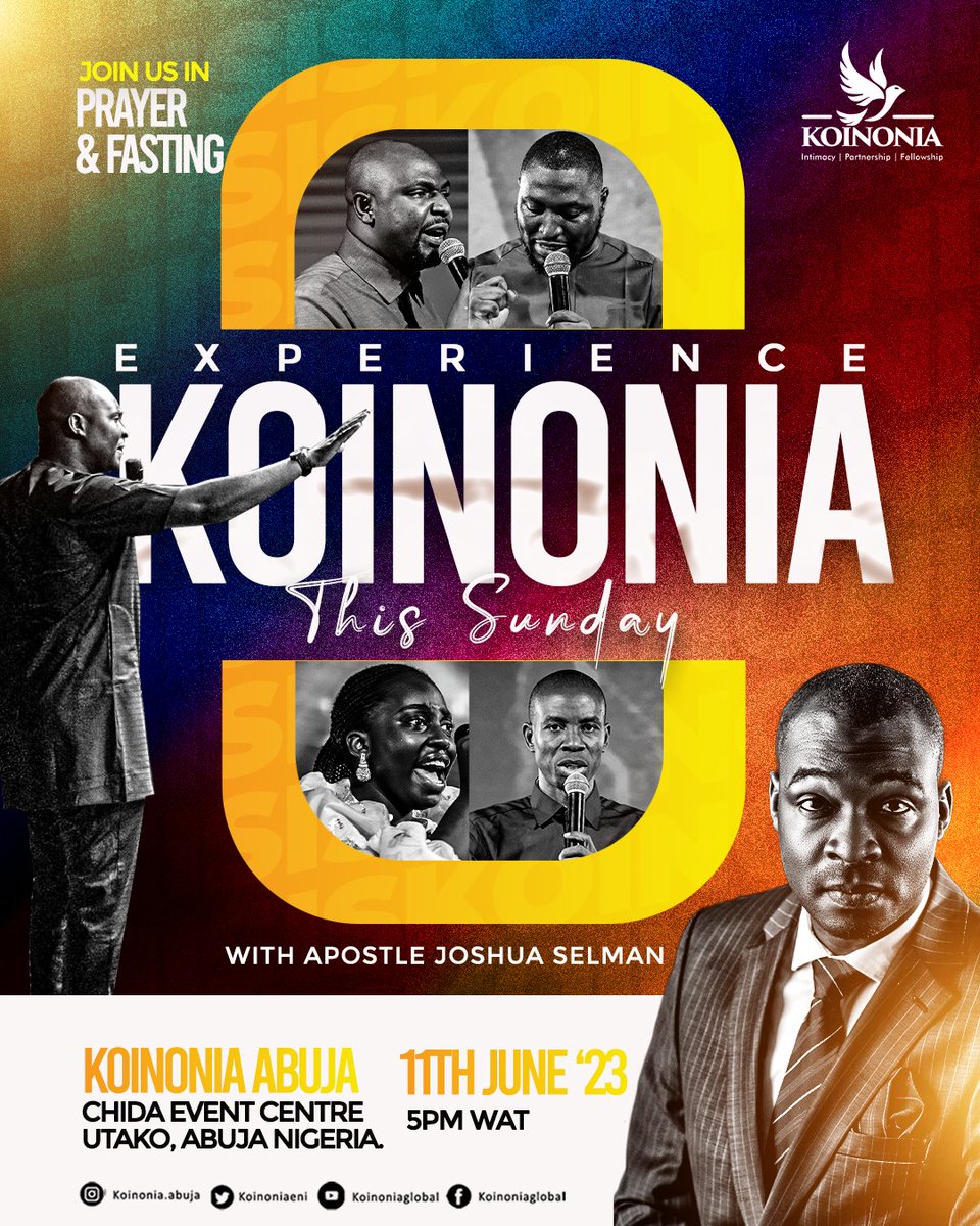 Join Us THIS SUNDAY, the 11th of June, 2023 for the Koinonia experience and an encounter in God’s presence.

Please be reminded that we'll be waiting upon the Lord in fasting and prayers. We are all encouraged to stretch until 3 PM.

Do well to connect with us online or onsite at