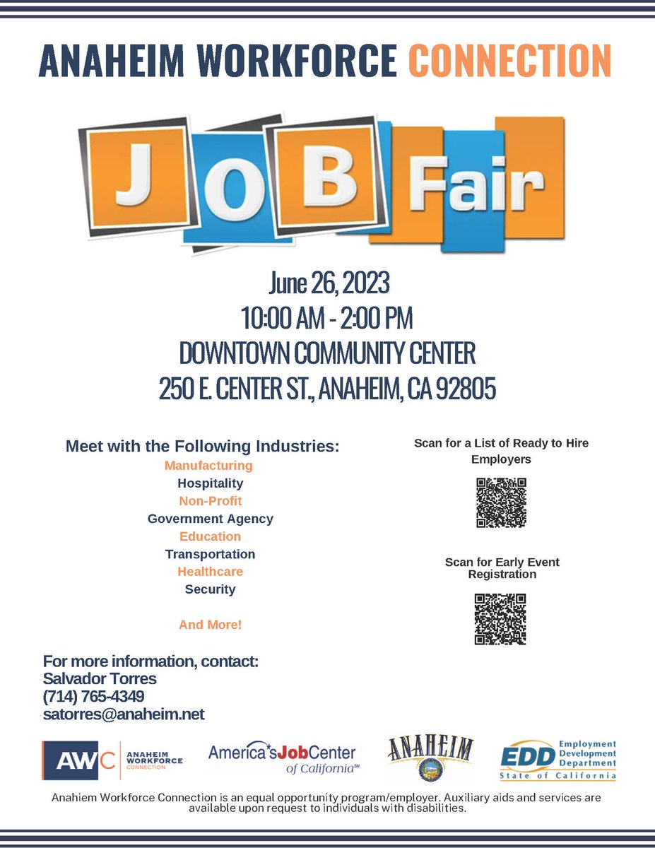 AWConnection's tweet image. Anaheim Workforce Connection is back for another job fair! Please dress to impress and bring resumes to share with employers.
#AWConnection #Jobs #Opportunities #JobFair