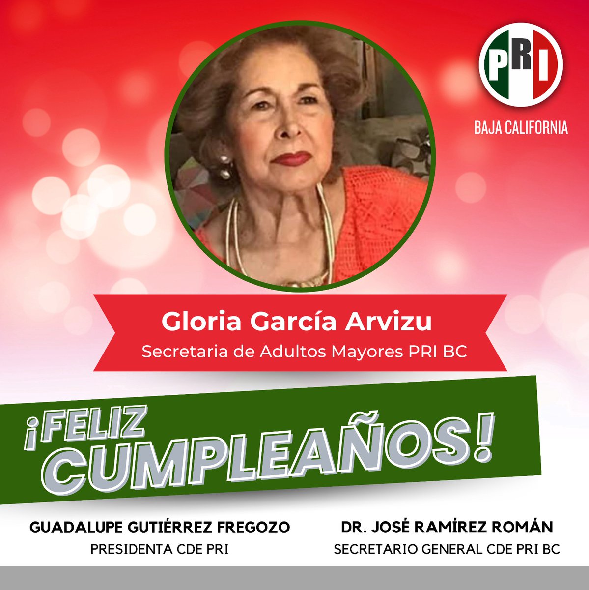 PRI_BajaOficial's tweet photo. ¡Estamos de fiesta! 🎉🎉✨
¡Feliz cumpleaños, Gloria García Arvizu! En nombre del PRI Baja California y toda nuestra comunidad, te deseamos un día lleno de alegría. Eres excepcional y tu compromiso inquebrantable es inspirador. ❤

#PRIBC https://t.co/MJNnlkpJtr