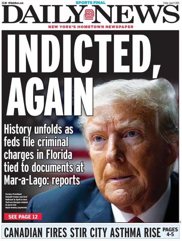 Call me old fashioned but historic headlines in the #NYC tabloids hit different. #TrumpIndicted #Unsealed #37counts #38Counts