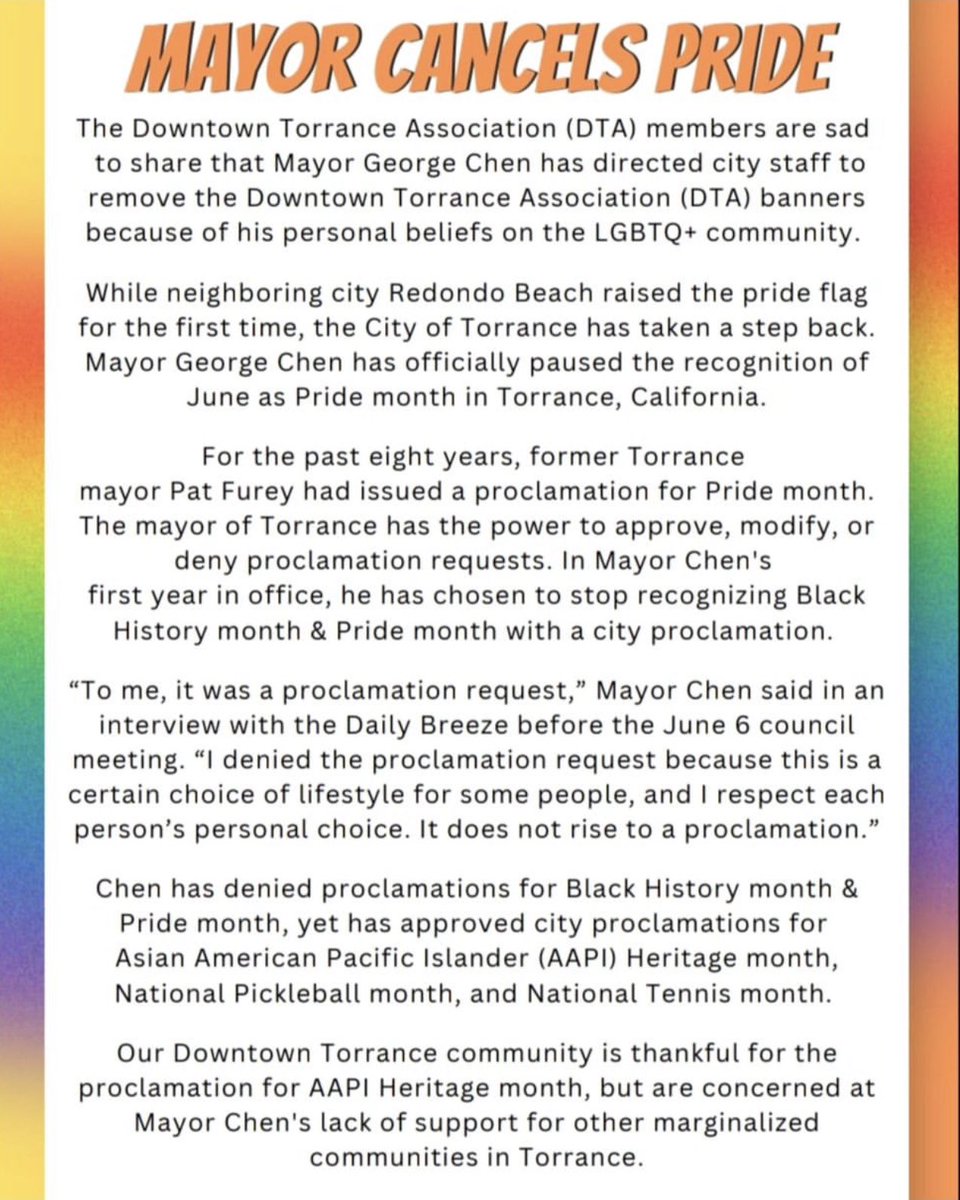 I feel like this should be getting more attention than it is. Mayor Chen feels that AAPI heritage, Nat’l Pickleball Month, and Nat’l Tennis Month are more important than Pride AND Black History Month. Your Mayor is a biggot @TorranceCA