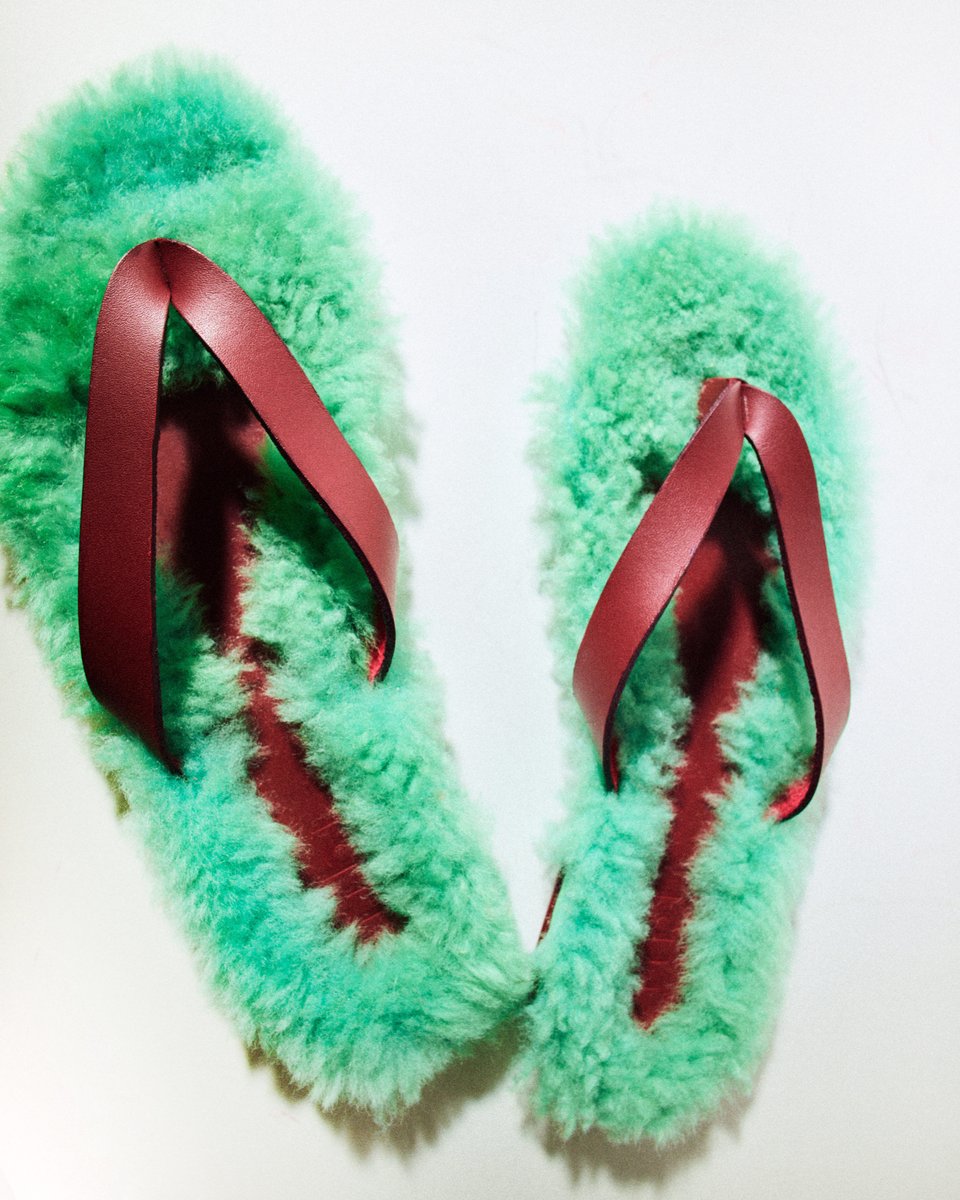 tibi's tweet image. The Bryan Shearling Flip Flop.