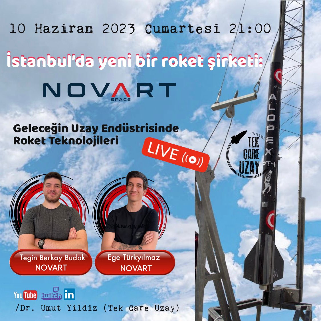 Tek Çare Uzay’da bu akşam İstanbul’da yepyeni bir roket şirketi <a href="/NovartSpace/">Novart Space</a>’i ve geleceğin uzay endüstrisinde roket teknolojilerini konuşacağız. Türkiye’de uzay şirketleri artıyor! 

Canlı Yayın: youtube.com/live/WIvw7cNHZ…