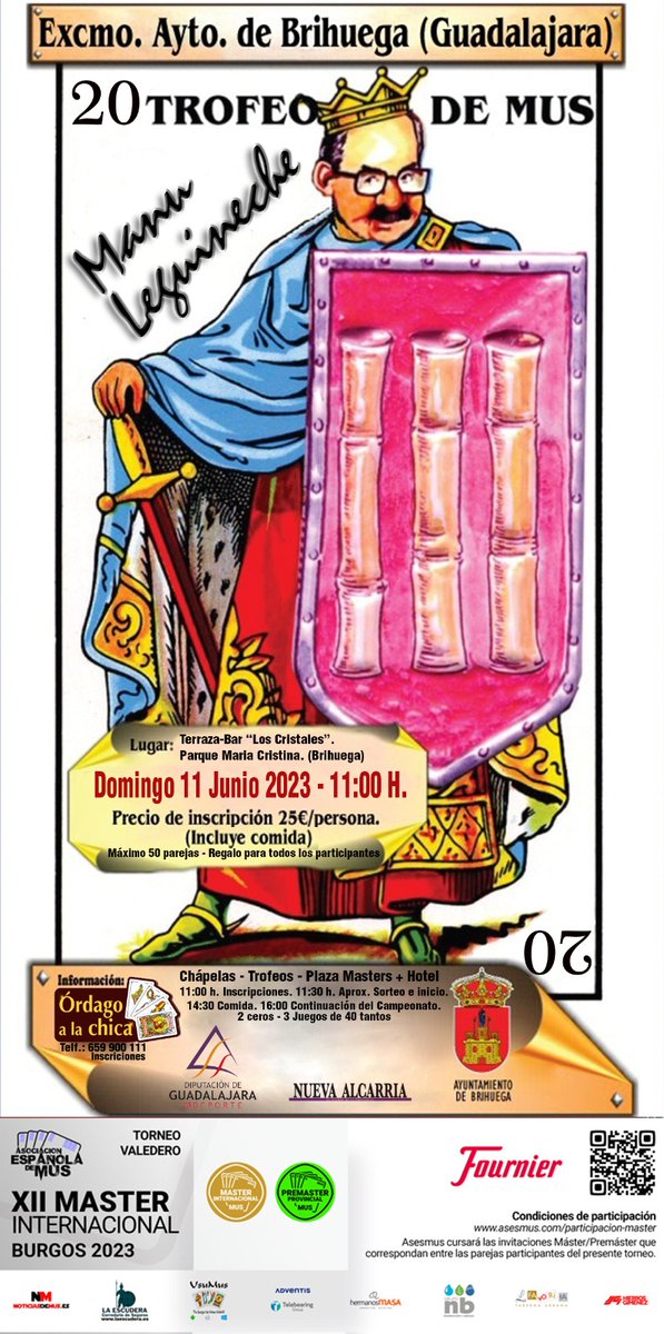 #mastermus Campeonato de Mus Especial Manu Leguinrche, Mañana 11 de junio en Brihuega asesmus.com/torneos/?m=0&c…