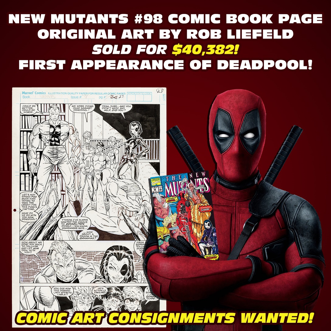HakesAuctions's tweet photo. SOLD FOR $40,382! #DeadpoolFans turned out in force at @HakesAuctions for this #historic page of #RobLiefeld art from #NewMutants #98, the issue that introduced @Deadpool! Contact Hake's today to sell your #comicart!
#Marvel #Deadpool #comicboooks #comics #collector #ComicArtFans https://t.co/nzguLydPOk
