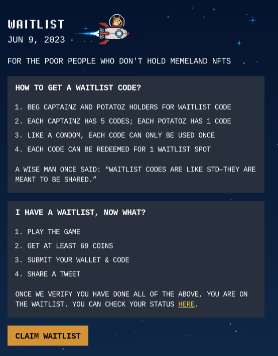 Looks like I have 23 $MEME waitlist codes to give out!  

Who wants one? 

I will do some giveaways or somethin'