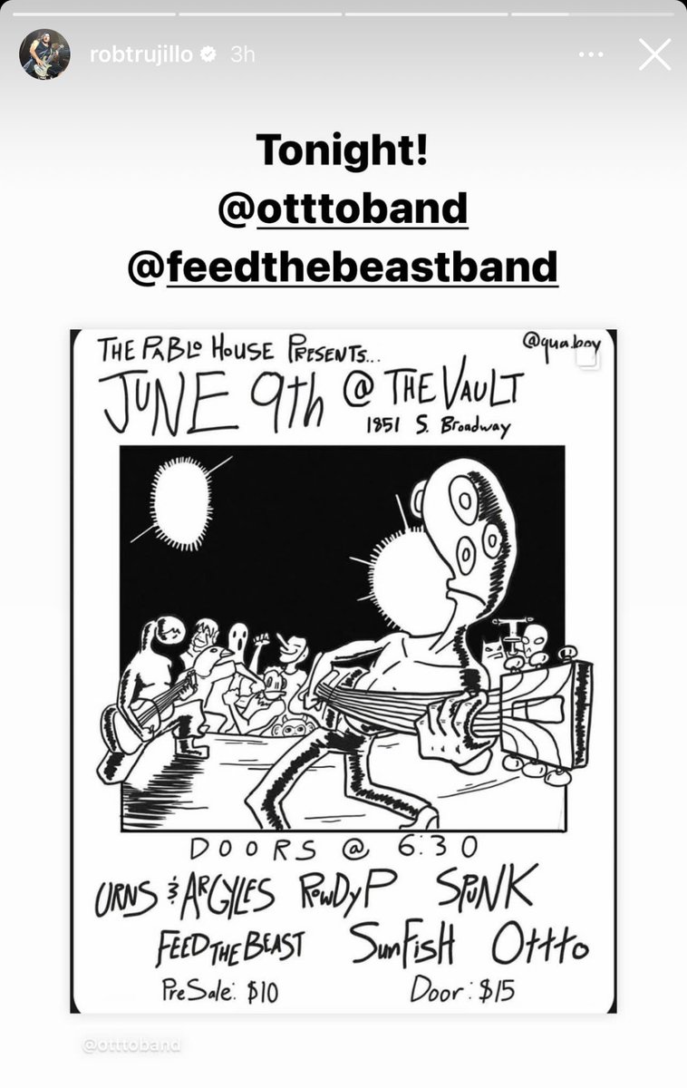 Damn this line up is strong TONIGHT in DTLA with @otttoband & Feed the Beast

✅ it out
@mattpinfield 
@KevinandSluggo 
@FullMetalJackie 
@955KLOS 
@JUICEMAGAZINE