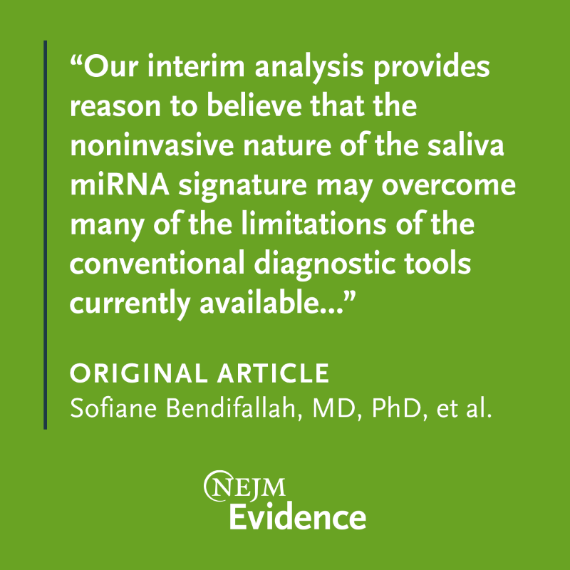 NEJMEvidence's tweet photo. The ENDOmiRNA Saliva Test study examines the diagnostic accuracy of a salivary miRNA signature for #endometriosis. In this interim analysis, w/ a prevalence of endometriosis ~80%, the test had a sensitivity of 96.2%, specificity of 95.1% and AUC of 0.96.

#OBGYNTwitter #MedEd