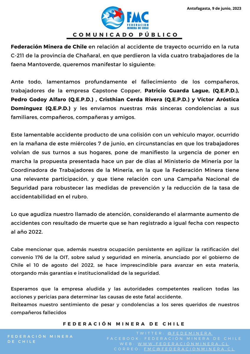 Comunicado Público de la <a href="/fedeminerachile/">Federación Minera</a> con nuestro pronunciamiento respecto del accidente de trayecto ocurrido en la provincia de Chañaral, en el que resultaron cuatro compañeros fallecidos.