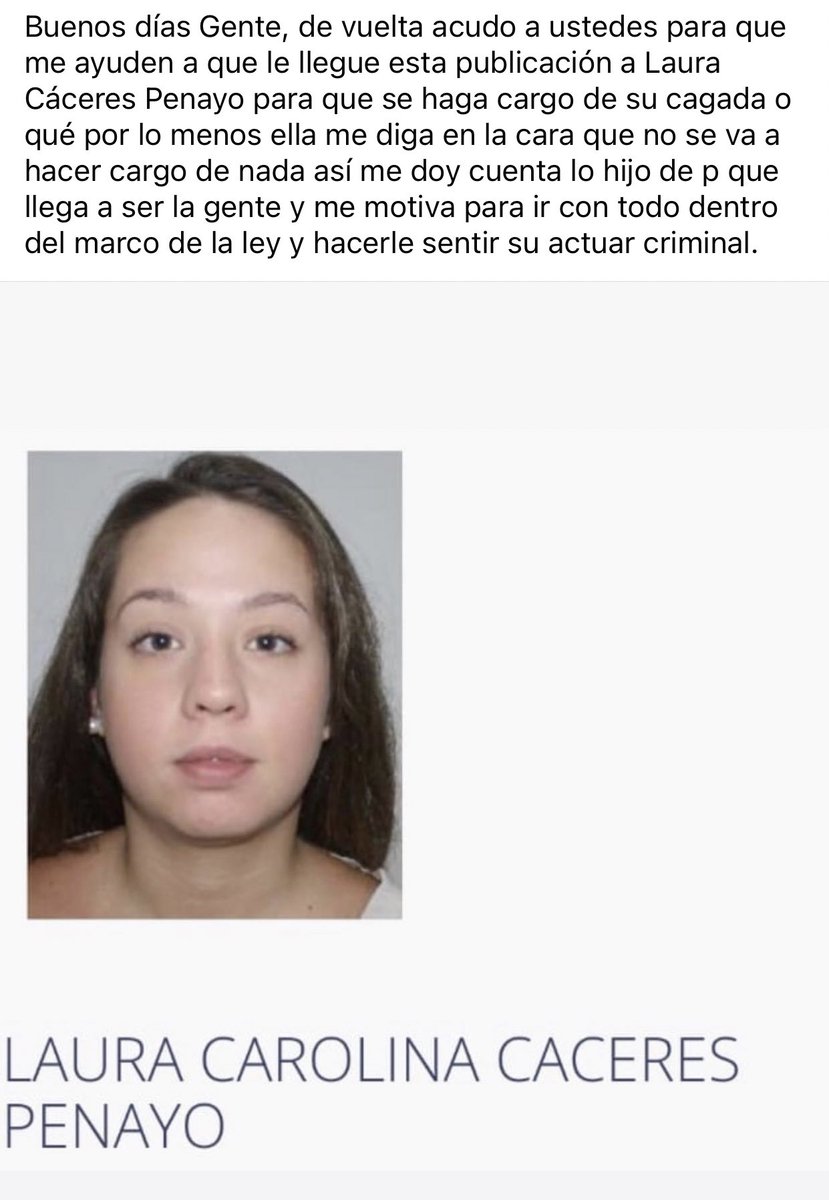 Verob013's tweet photo. Esta chica es la que hizo un giro indebido e ilegal, ocasionando un accidente y dejándole en el hospital a Luciano Maldonado. Laura Carolina Cáceres Penayo no quiere hacerse responsable de su acto, no ofreció ni un tipo de ayuda! Porfavor compartir !! https://t.co/BvIad7EqJH