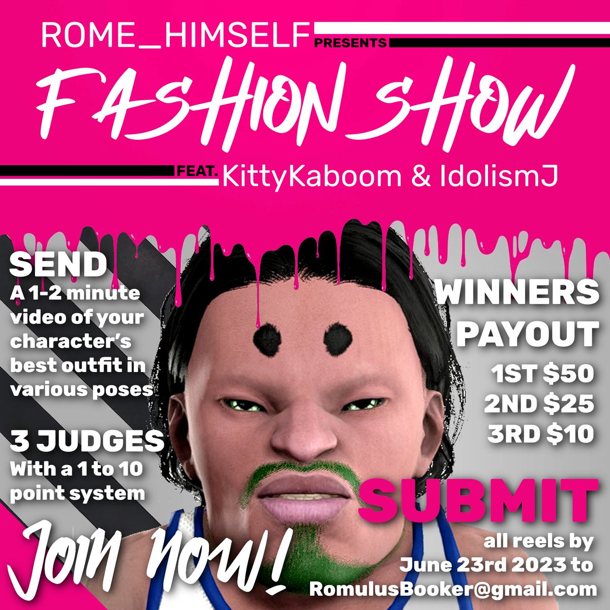 send a 1-2 minute clip of your avatar's drip and in various poses. 

we will judge them with a 1-10 score card

follow my links to get notified when the video is up!!!

linktr.ee/rome_himself

#capcom #StreetFighter6 #fgc