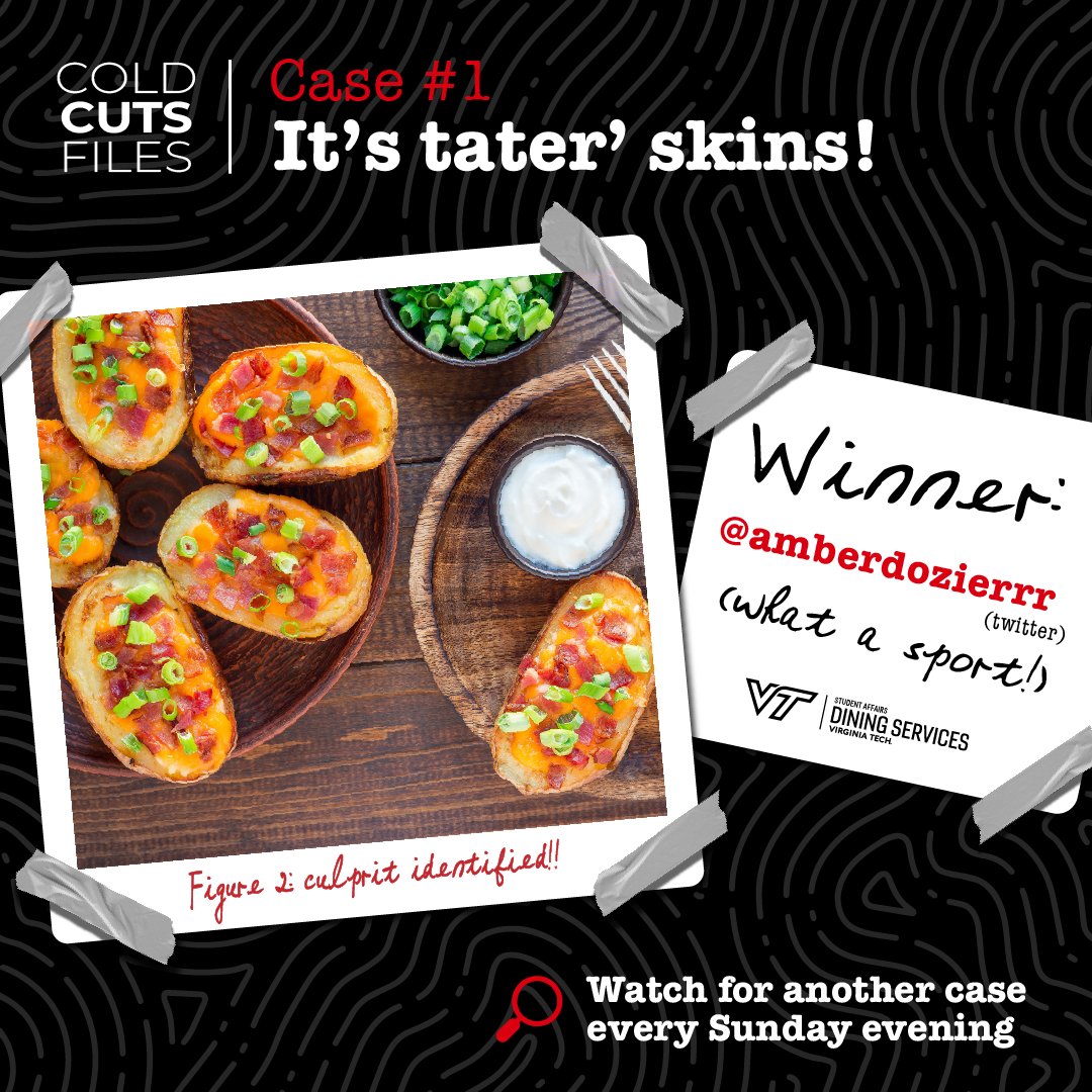 HokieDining's tweet photo. Mystery SOLVED! 🕵️‍♀️🔎The peccant potato behind the pixelated puzzle has been found out!
It's TATER SKINS! 🥔🧀🥓

🌟 CONGRATS to @amberdozierrr ✨
Your detective skills have earned you a mysterious
goody bag filled with surprises for when you get back
to campus! https://t.co/PEpLXHzfo0