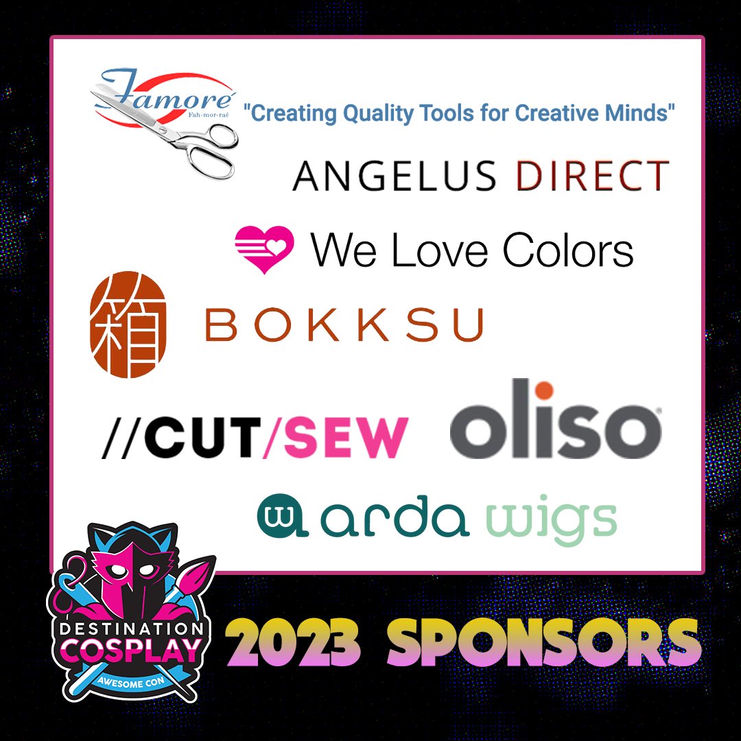 AwesomeCon's tweet image. ✨ We'd like to take a moment to extend a HUGE thank you to our 2023 Destination Cosplay sponsors! Thanks SO much to #AngelusDirect, @ArdaWigs, @bokksu, @heycutsew, @famorecutlery, #Oliso, and @welovecolors!