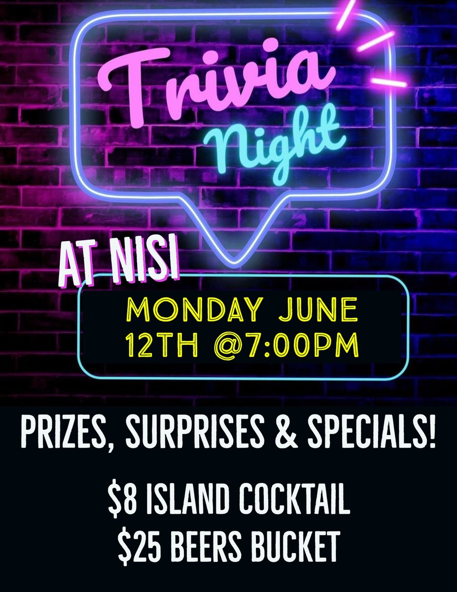 NisiKitchen's tweet photo. Got a collection of random facts? 🧠 Turn them into fun and prizes at Trivia Night, starting at 7PM on June 12th at NISI! 🧠 https://t.co/A1NSOk41GM