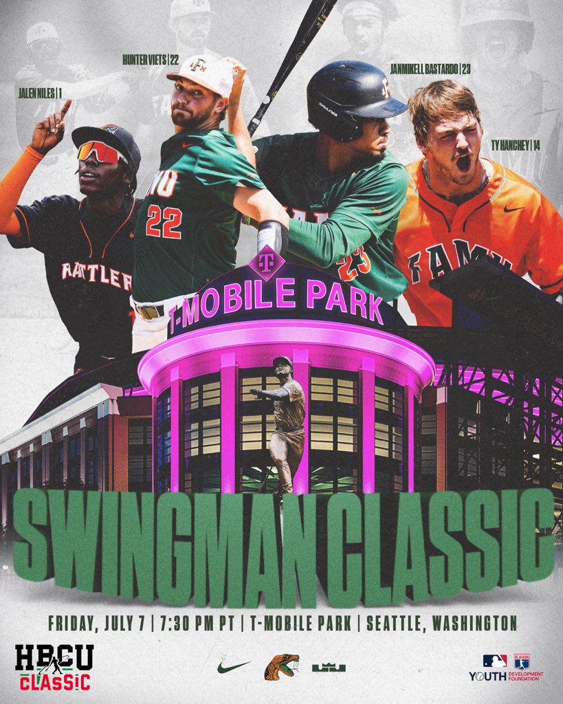 🚨 𝗛𝗕𝗖𝗨 𝗦𝗪𝗜𝗡𝗚𝗠𝗔𝗡 𝗖𝗟𝗔𝗦𝗦𝗜𝗖 🚨

Rattlers have four names to the MLB’s inaugural HBCU Swingman Classic that’ll be played in Seattle during All-Star Week!

📰 bit.ly/3NmJgSu

#FAMU | #FAMUly | #Rattlers | #FangsUp 🐍