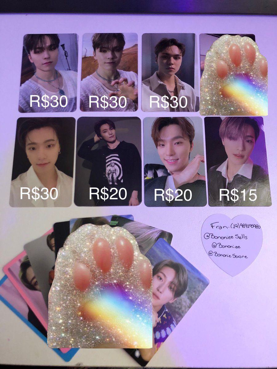 VENDO PHOTOCARDS 

Valores na foto, sem frete

- Frete por carta registrada: R$12  MiniPac/Sedex à calcular 
- NÃO RESERVO   

🏷️ SEVENTEEN - COMPRA E VENDA -  SVT