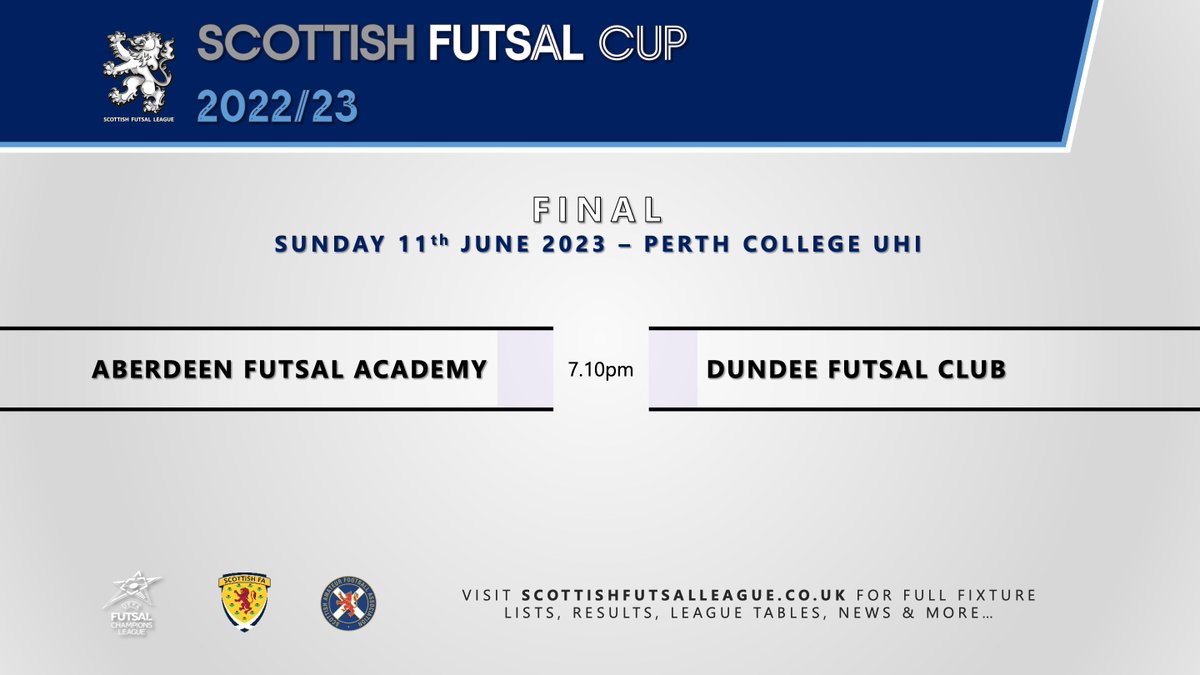 SCOTTISH FUTSAL CUP

It's Scottish Cup Final weekend!

Come on down to Perth College for the return of Scottish futsal's premier final

Sunday:
7.10pm - Aberdeen Futsal Academy v @DundeeFutsal 

📍 Perth College UHI
🆓 Free entry