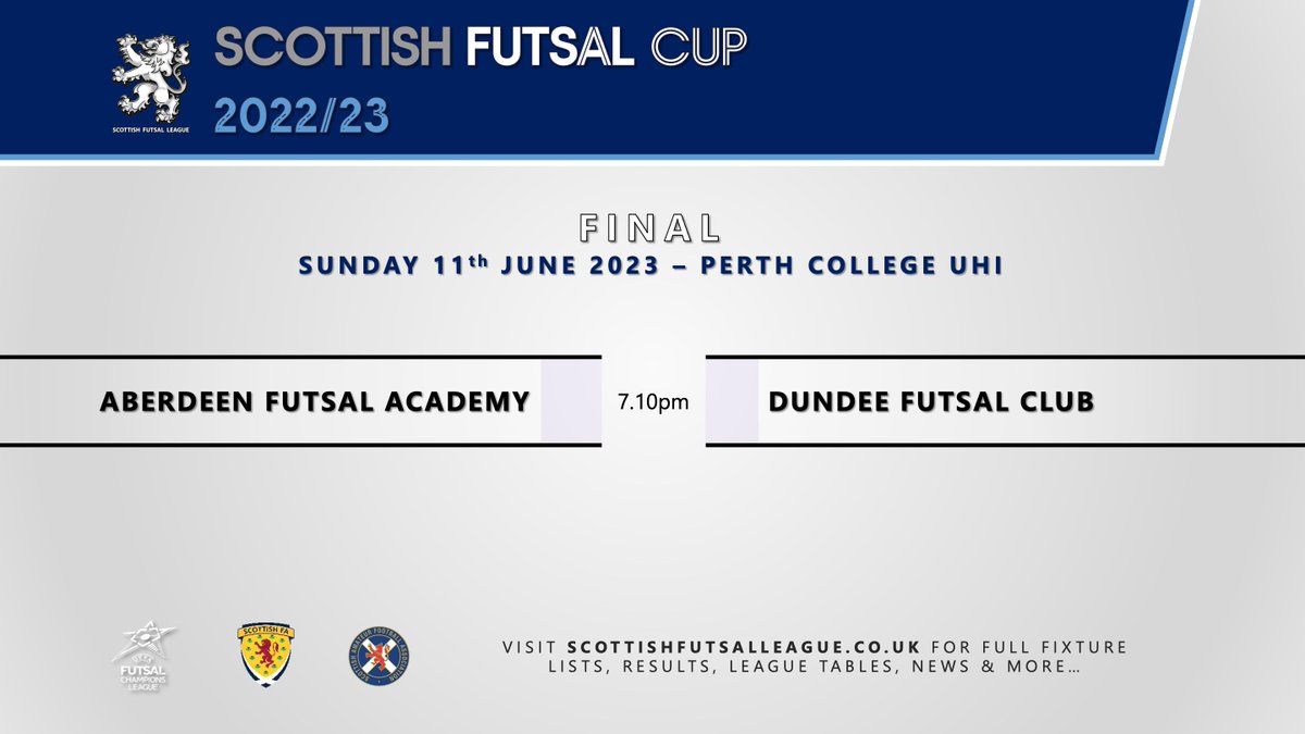 SCOTTISH FUTSAL CUP It's Scottish Cup Final weekend! Come on down to Perth College for the return of Scottish futsal's premier final Sunday: 7.10pm - Aberdeen Futsal Academy v @DundeeFutsal 📍 Perth College UHI 🆓 Free entry