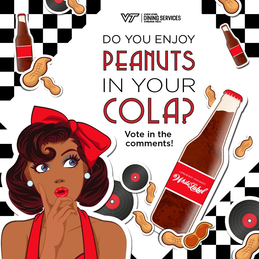 It's time for a new  showdown on #FoodFightFriday 
Peanuts in cola! YAY or NAY? 🥜
Give us a piece of your mind in the comment thread Reminder: voting ends Sunday nigh, the winning side will be revealed exclusively on our social STORIES on Monday evening. 
#hokiedining #VTdining