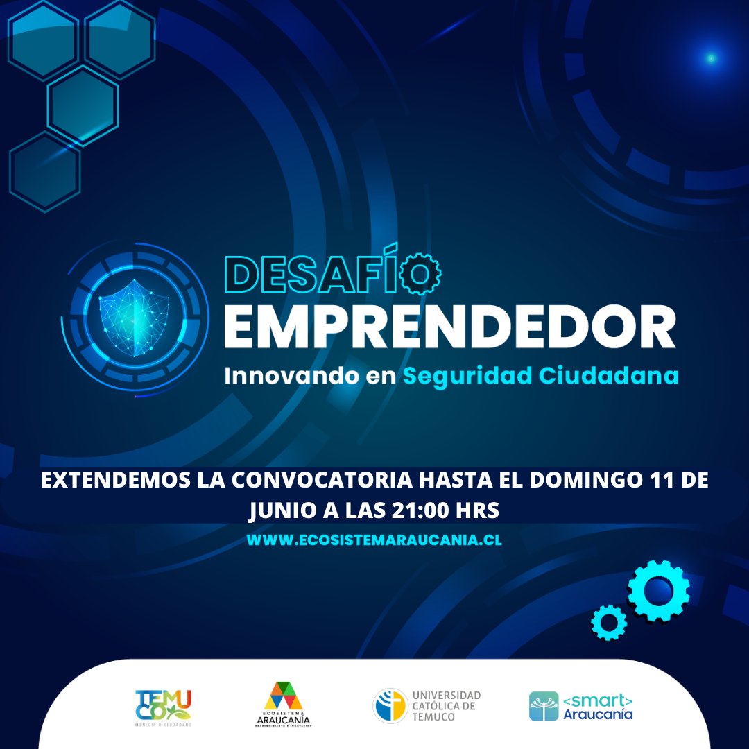 📣Atención estudiantes de La Araucanía:

Se amplía el plazo para postular al #Desafío Emprendedor en seguridad ciudadana 🏙️

Postula con tu idea hasta el domingo 11 de junio a las 21:00 en ecosistemaraucania.cl/desafioemprend…