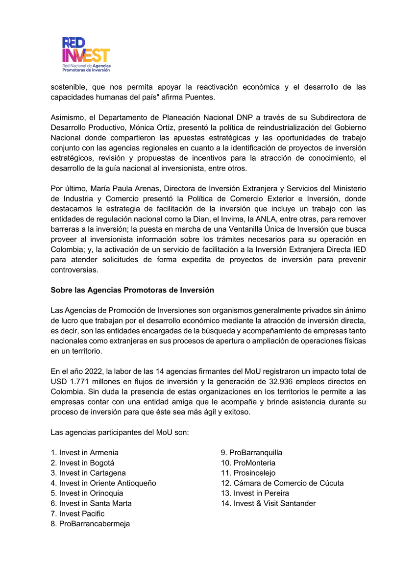 PROBARRANCABJA's tweet photo. #Comunicado I 14 Agencias promotoras del país firmaron el memorando de entendimiento que oficializa la conformación de la #RedInvest.
#GranNoticia para el país.
¡Conoce más aquí! 👇 https://t.co/LyWQhQCPhO