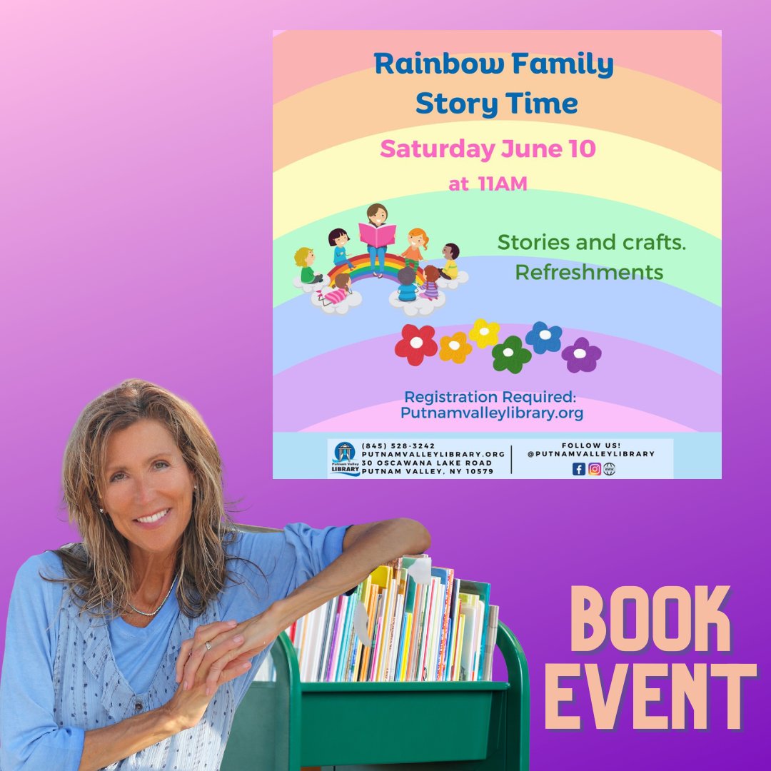 Rainbow Family Story Time fun! I'll be sharing my books, and Miss B is hosting.
#familyevent #hudsonvalleyevent #authorevent #RainbowFriends #allfamilies #storytime #libraryevent #putnamvalleyNY #libraries #letsread #RainbowFamilies #librarians #childrensbooks #kidsbooks