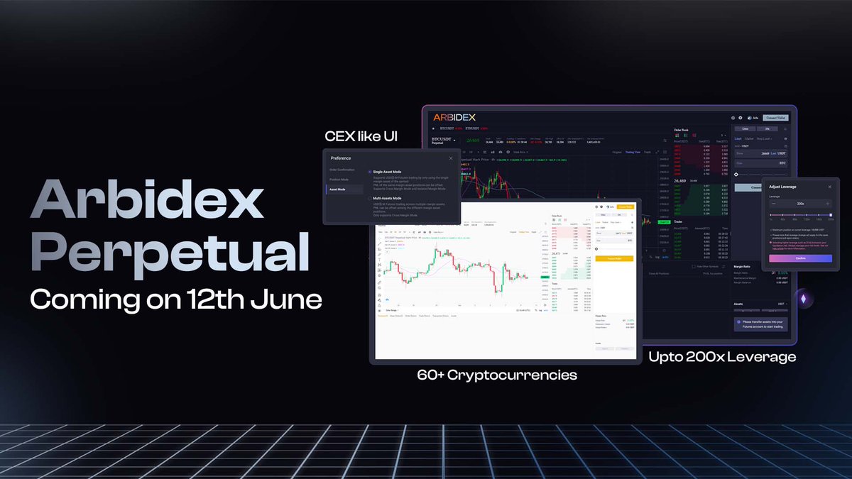 Arbidex Perpetual is launching on 12th June!📈 

🚀Get ready for an unparalleled perpetual trading experience with up to 200x leverage and access to 60+ cryptocurrencies. Enjoy the power of CEX UI and experience, but with total decentralization! #RealYield