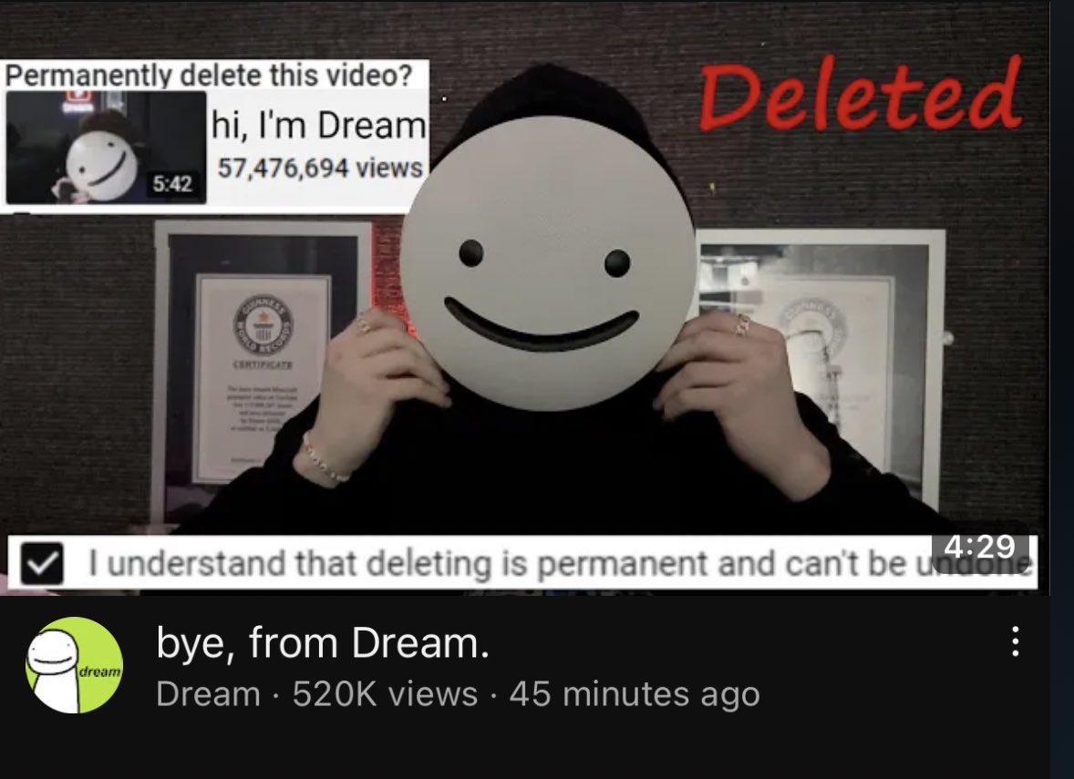 Dream face reveal video has been deleted, will wear mask again