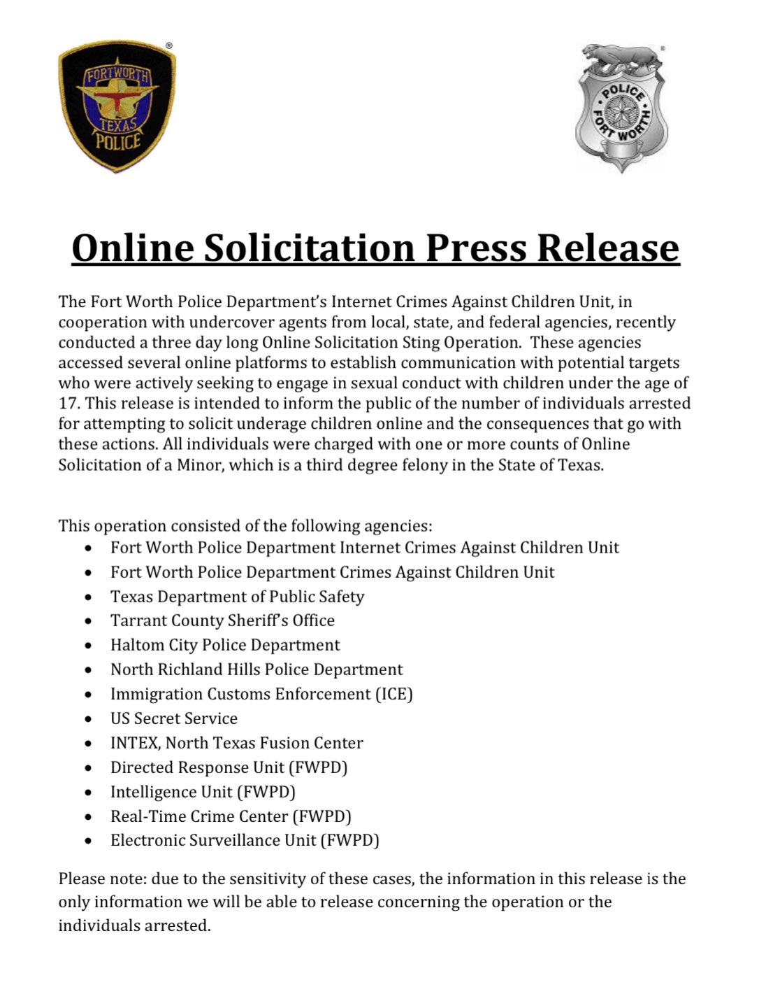 Fort Worth Police on Twitter "1 of 2 BreakingNews Online Solicitation