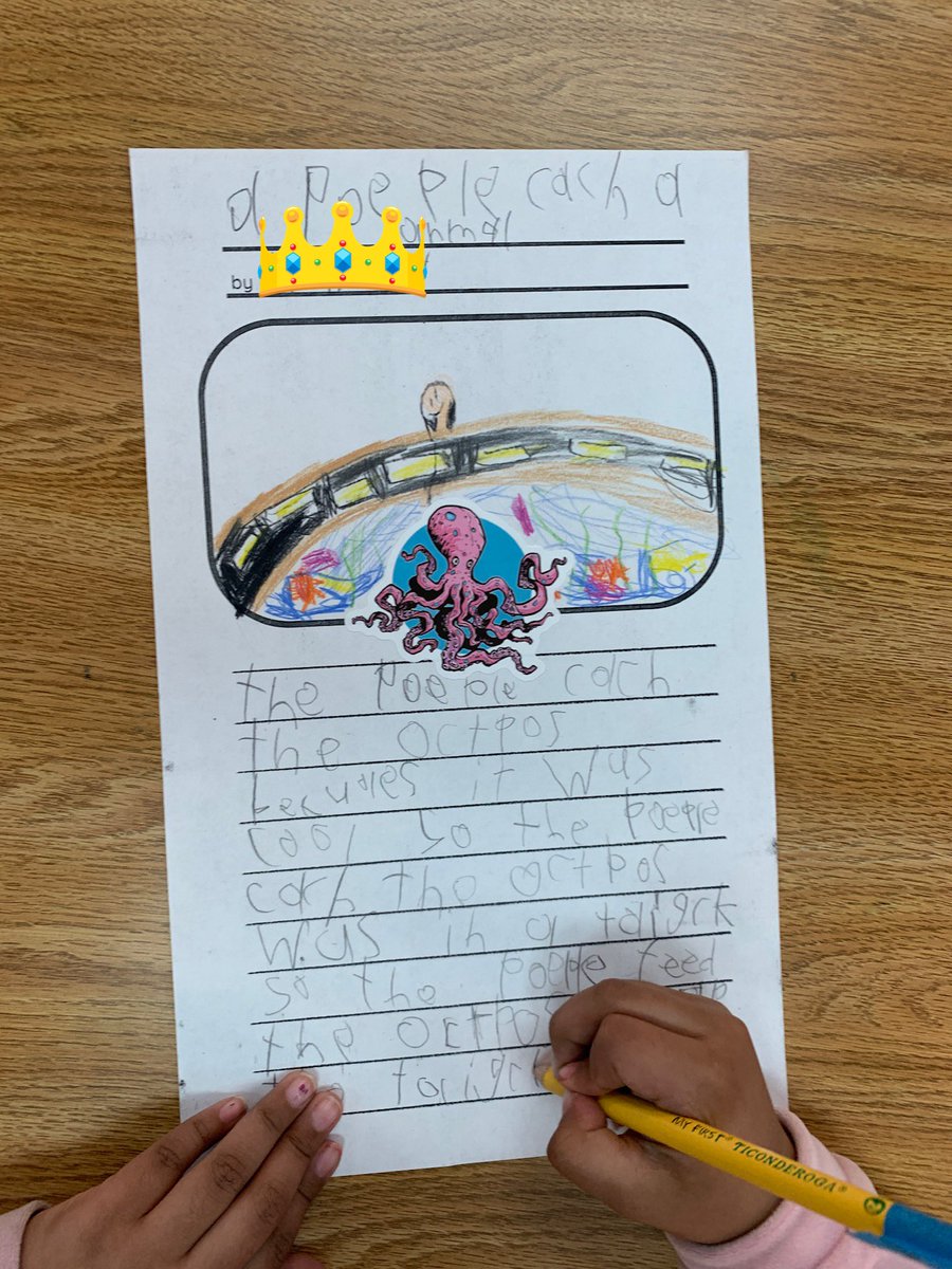 carolynvibbert's tweet image. In our final unit, first grade read three versions of octopus escape stories and then wrote their own. A few writers were very inspired by the available octopus stickers. “Dave” is cracking me up! #PWCSLibraries