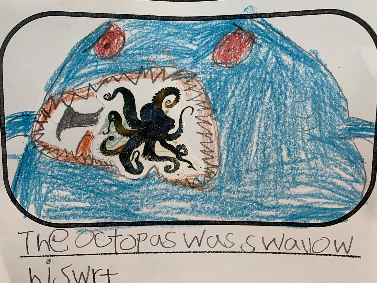 carolynvibbert's tweet image. In our final unit, first grade read three versions of octopus escape stories and then wrote their own. A few writers were very inspired by the available octopus stickers. “Dave” is cracking me up! #PWCSLibraries