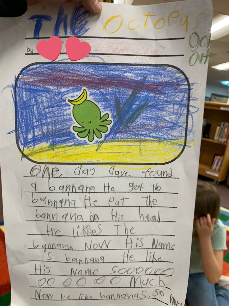 carolynvibbert's tweet image. In our final unit, first grade read three versions of octopus escape stories and then wrote their own. A few writers were very inspired by the available octopus stickers. “Dave” is cracking me up! #PWCSLibraries