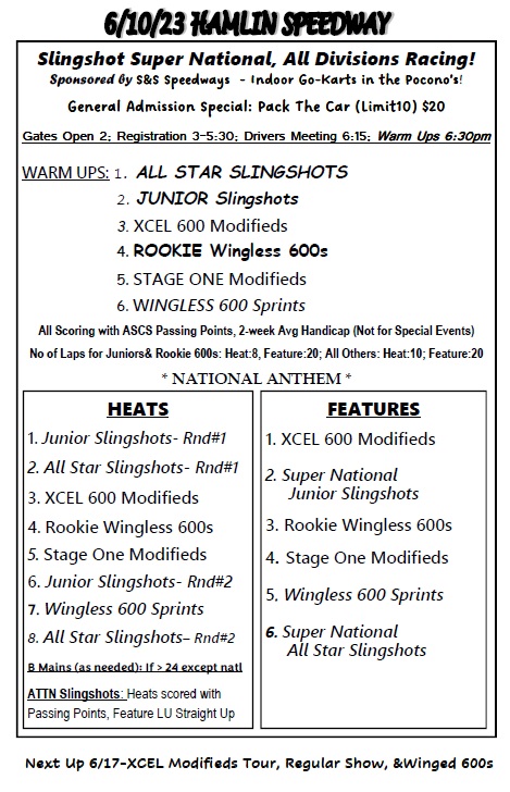 HamlinSpeed's tweet photo. Hamlin Speedway 6/10/23  🏁
Slingshot Super National, $500 to Win (w/24 cars), Gen Adm Special: Pack the Car $20 https://t.co/Nh179XZkZi