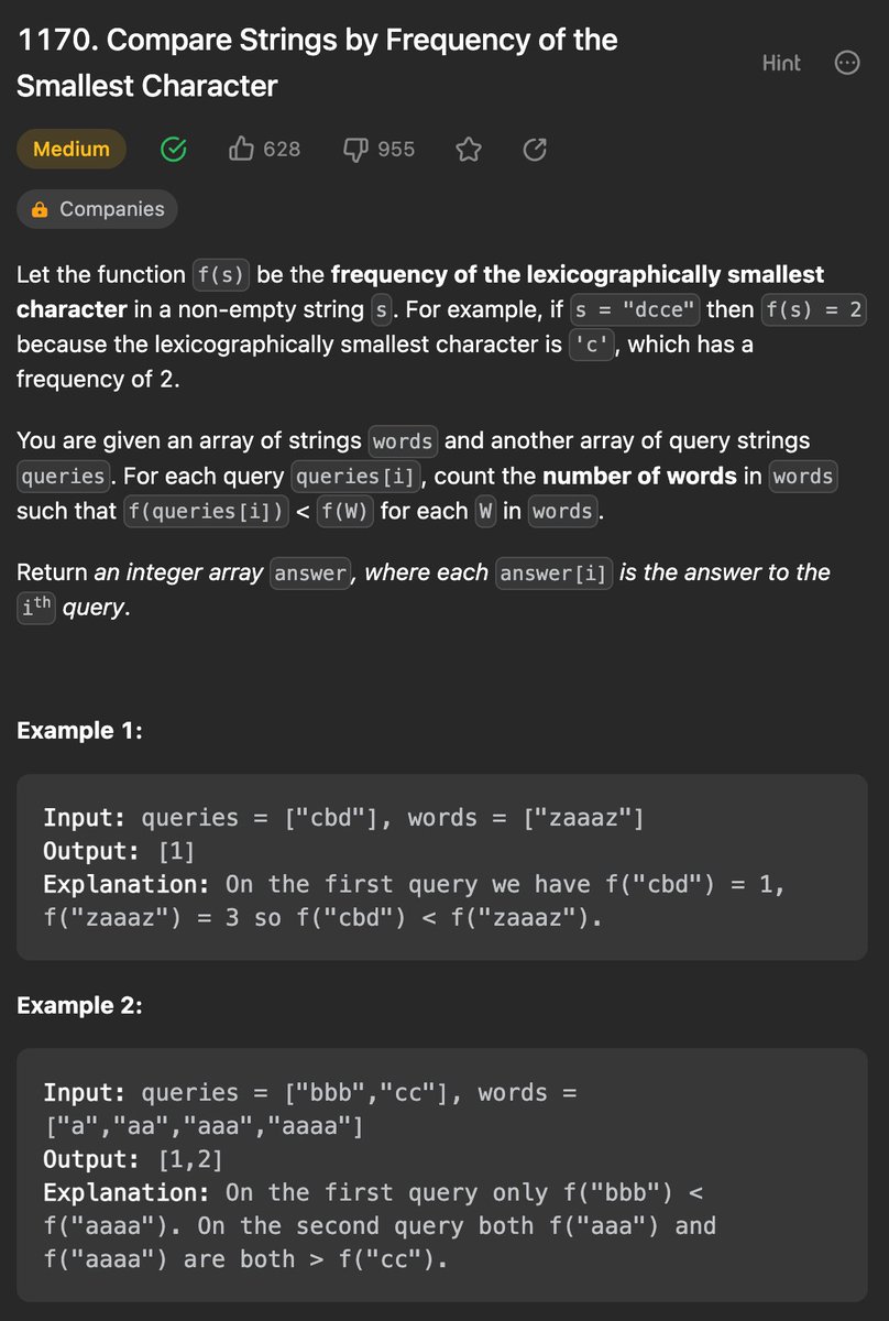 Yu08516687's tweet photo. #leetcode #100DaysOfCode #LearningBySharing
1170. Compare Strings by Frequency of the Smallest Character
https://t.co/S2EvFrj4a2 https://t.co/ytUC6YhWTR