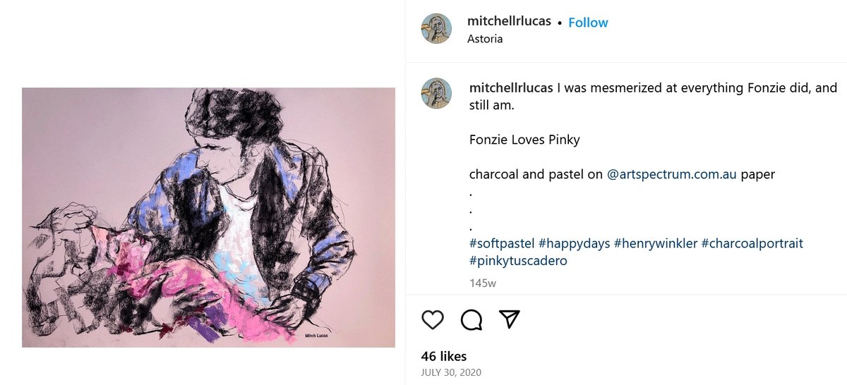 Fantastic piece of art by Mitch Lucas @mitchellrlucas 
#RozKelly #PinkyTuscadero #HenryWinkler #Fonz #Fonzie #HappyDays #FonzieLovesPinky