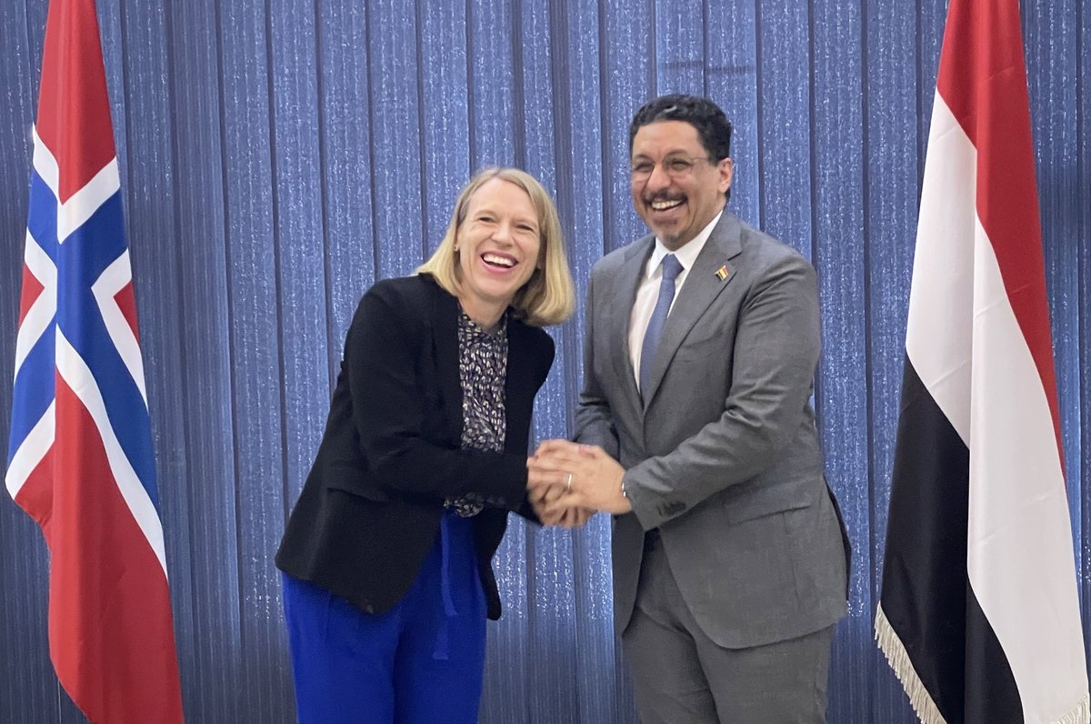 NorwayMFA's tweet photo. FM @AHuitfeldt:
Appreciate meeting Yemen @PresidentRashad Al Amini &amp; FM @BinmubarakAhmed 

Visited #Yemen to support their efforts to promote peace &amp; development

The current dialogue should lead to lasting ceasefire &amp; inclusive political process led by @OSE_Yemen Hans Grundberg https://t.co/XOFjce5gG3