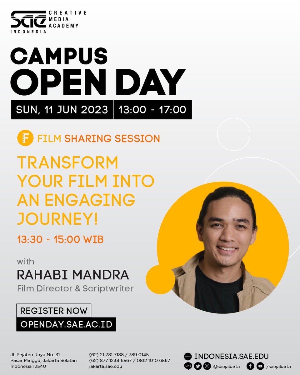 Besok datang yuk buat kamu yang lagi cari kampus dan passionate nih mau belajar Film!

Registrasi: openday.sae.ac.id/form