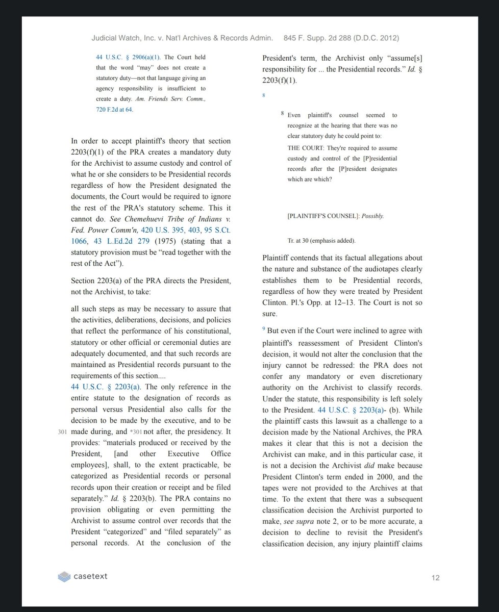 @JackPosobiec Here's the complete defense of President Trump in one paragraph.

'the PRA does not confer any mandatory or even discretionary authority on the Archivist to classify records. Under the statute, this responsibility is left solely to the President. 44 U.S.C. § 2203(a)- (b).'