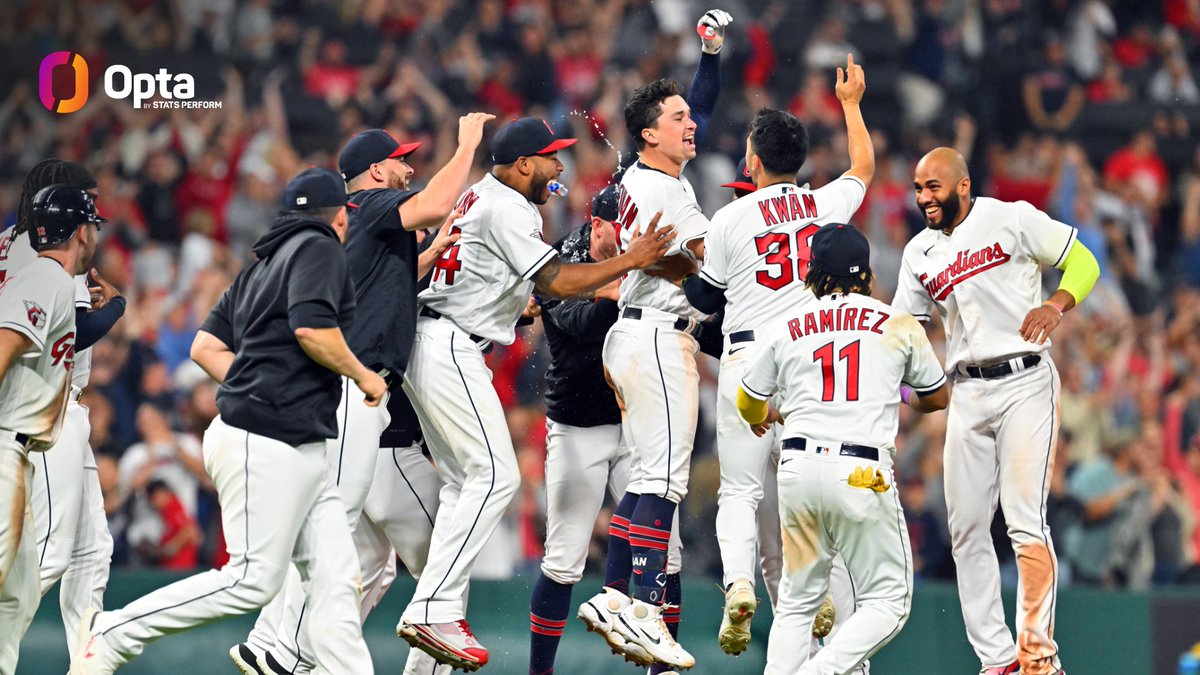 OptaSTATS's tweet photo. Tonight the @CleGuardians were trailing and scored to tie or go ahead in the 7th, 9th, 12th, 13th and 14th innings.

They're the only MLB team in the modern era to erase a deficit in 5 separate innings in the 7th inning or later in the same game. https://t.co/NBwM2DIUb4