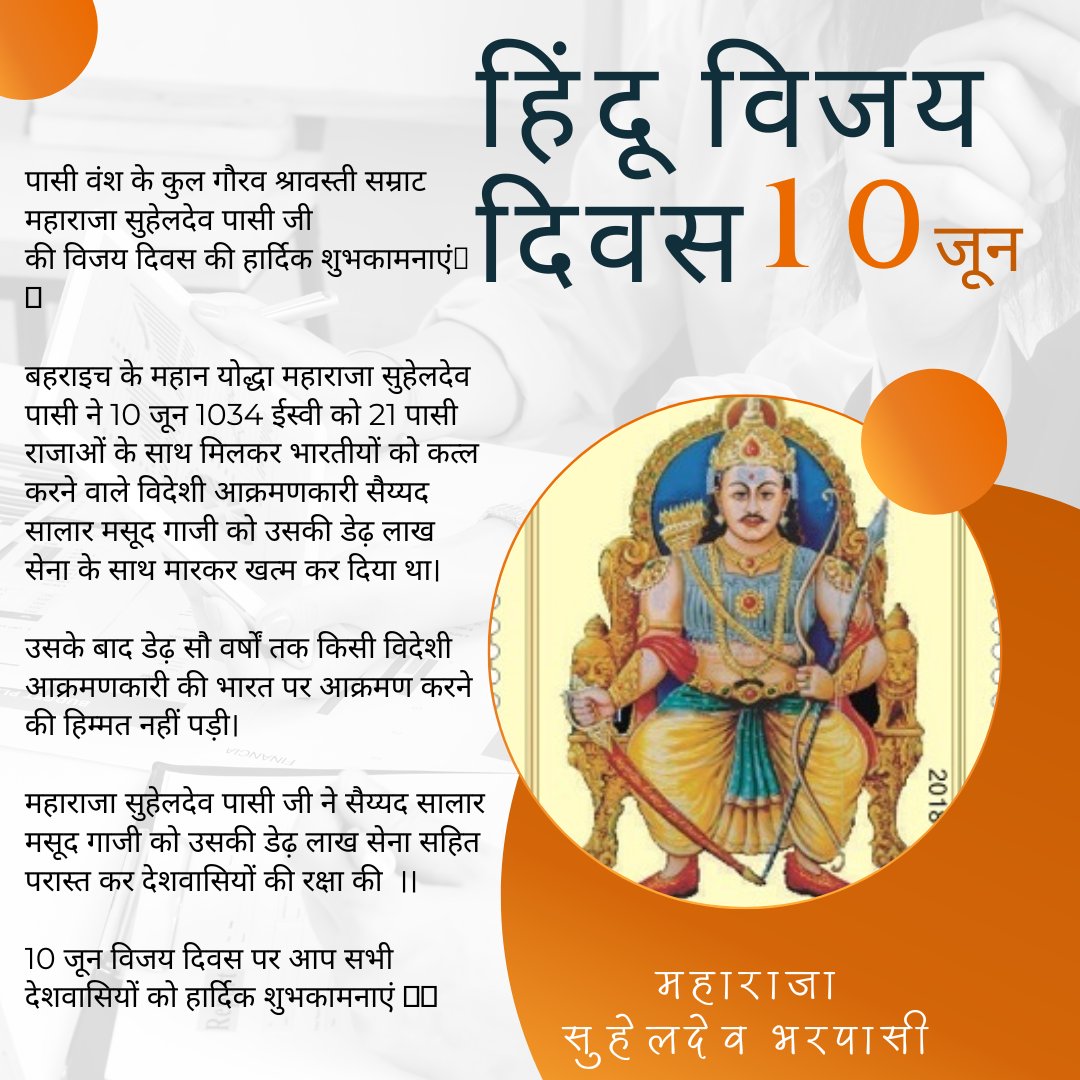 RRSHESH's tweet photo. महाराजा सुहेलदेव पासी जी की विजय दिवस की हार्दिक शुभकामनाएं💐💐
महाराजा सुहेलदेव पासी ने 10 जून 1034 ईस्वी को 21 पासी राजाओं के साथ भारतीयों को कत्ल करने वाले विदेशी आक्रमणकारी सैय्यद सालार मसूद गाजी को उसकी डेढ़ लाख सेना सहित खत्म कर दिया था।
 #राष्ट्ररक्षक_महाराजा_सुहेलदेव_पासी https://t.co/atat0ldbDe
