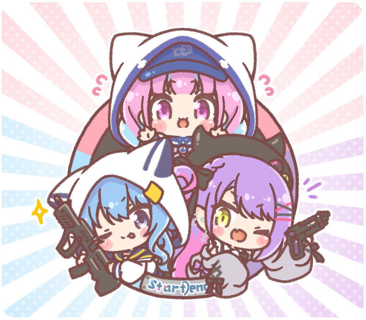 hoshimachi suisei ,minato aqua ,tokoyami towa multiple girls gun 3girls weapon one eye closed purple hair holding gun  illustration images