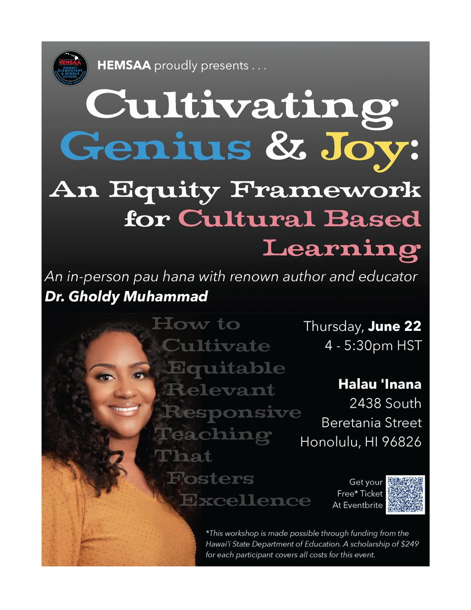 Want to provide students equitable, rigorous lessons using historically &amp; culturally responsive teaching? Don't miss this unique chance to learn from <a href="/GholdyM/">Gholdy Muhammad</a> &amp; her framework for cultivating  genius in every student &amp; unearthing  joy in learning. It's FREE!!! #808educate