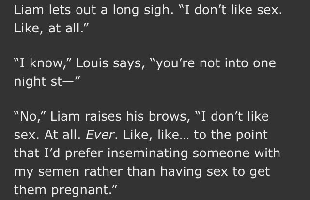 stop. i’m going to cry. wtf. i almost never see asexual representation in fics. wtf i think i’ll actually cry :(