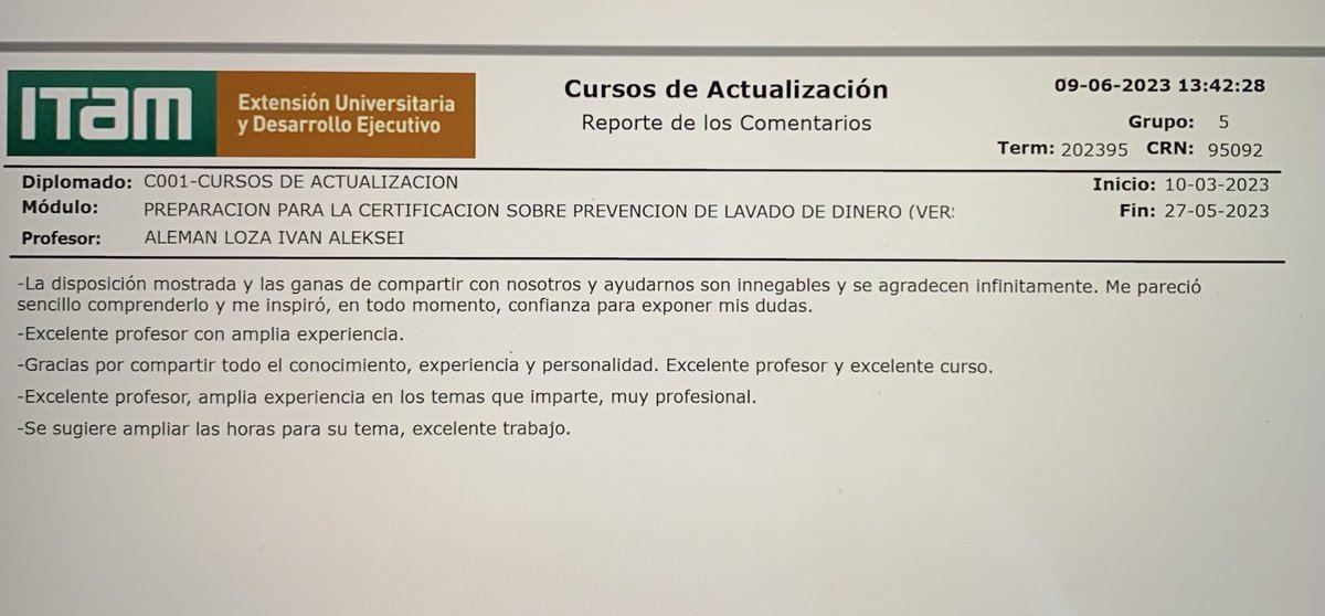 Gran reto y enorme satisfacción recibir este tipo de comentarios. Lo comprometen a uno aún más. Gracias ⁦<a href="/ITAM_mx/">ITAM</a>⁩ ⁦<a href="/regi_martha/">Regina Martha</a>⁩ por la confianza. El esfuerzo no cesa en mejorar (el éxito no está asegurado)