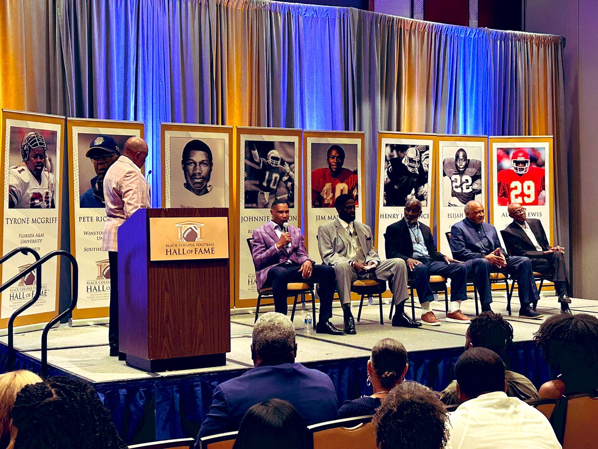 The 2023 Black College Football Hall of Fame Induction Weekend kicks off in Atlanta! Class of 2023 inductees Leslie Frazier, Henry “Killer” Lawrence, Jim Marsalis, Johnnie Walton and Coach Pete Richardson take the stage with Charlie Neal (‘13) serving as emcee 🏈