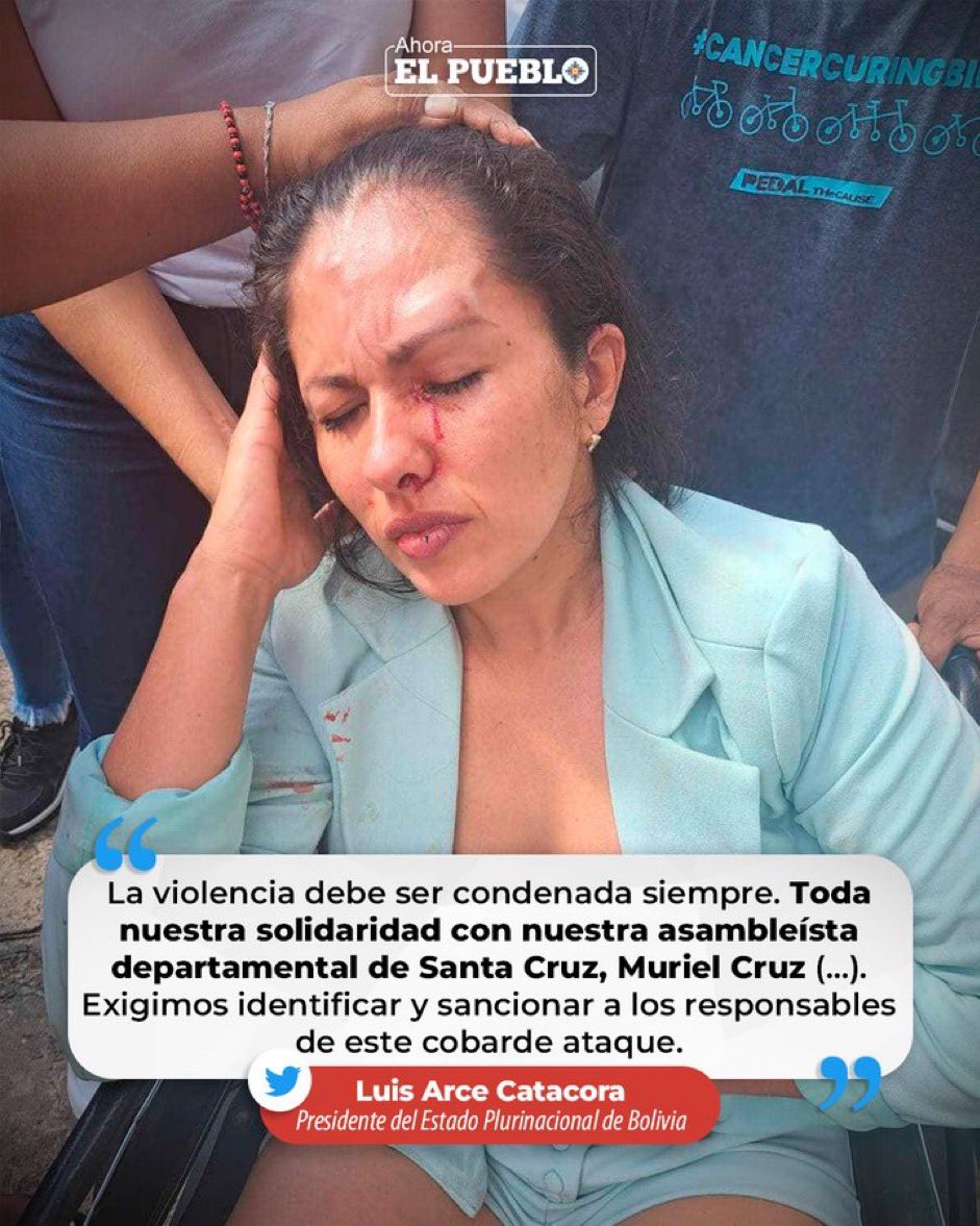 cho_hierro's tweet photo. Bolivia no es esto, toda la solidaridad a #MurielCruz víctima de #RomuloCalvo y #FernandoCamacho que promueven la violencia entre los y las que pensamos diferentes.
Pitas y Fach@s dejen las agresiones y la violencia, argumenten y dialoguen, dejen la delincuencia.
Viva Bolivia https://t.co/piJF6bCigB