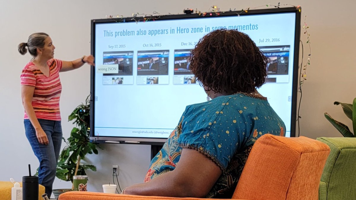 The Storymodelers (@storymodelers) on Twitter photo <a href="/weiglemc/">Michele Weigle</a> from <a href="/WebSciDL/">WS-DL Group, ODU CS</a> dropped into the lab to practice her upcoming talk on inconsistencies in web archives of a news site homepage. It was fun to hear about research outside our usual topic area! <a href="/weiglemc/">Michele Weigle</a> from <a href="/WebSciDL/">WS-DL Group, ODU CS</a> dropped into the lab to practice her upcoming talk on inconsistencies in web archives of a news site homepage. It was fun to hear about research outside our usual topic area!